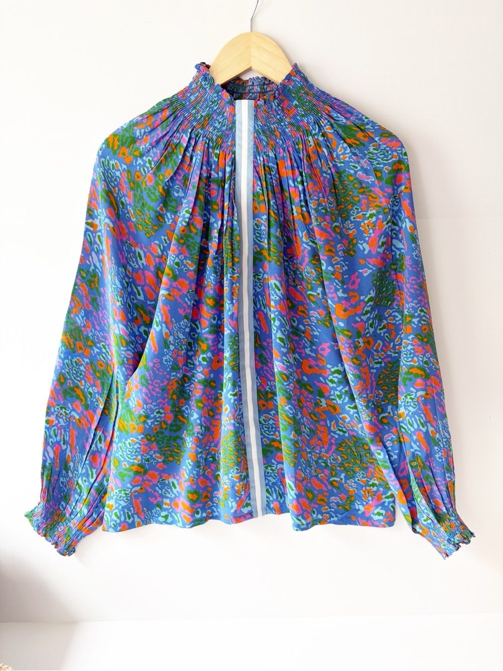 Rungolee Brooklyn Long Sleeve Silk Blouse Smocked High-Neck Floral Print XXS
